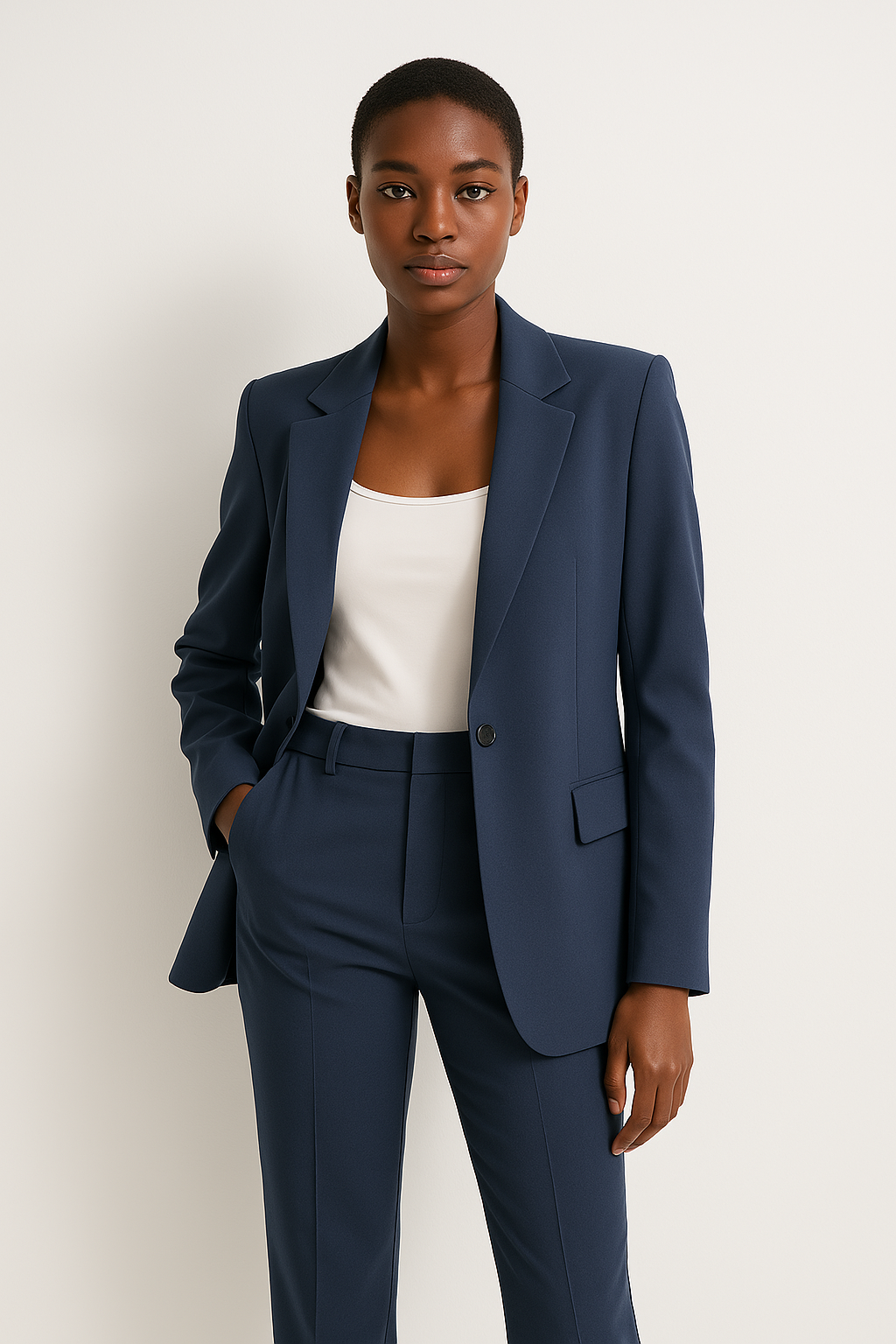 Chic Navy Blue Trouser Suit with Beige Blazer for Office or Events