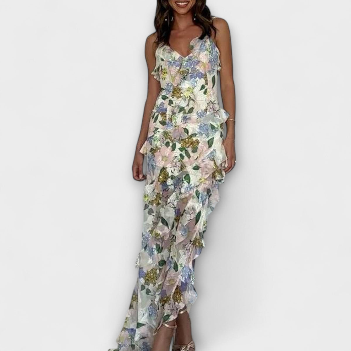 Chic Ruffled Dress with Strap Print for Any Occasion