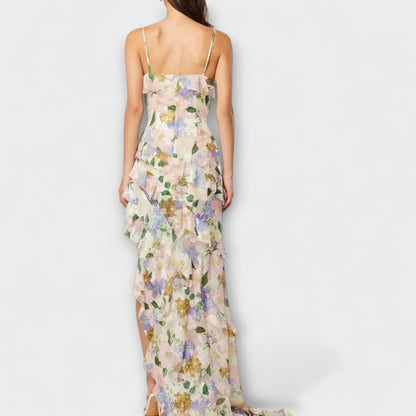 Chic Ruffled Dress with Strap Print for Any Occasion