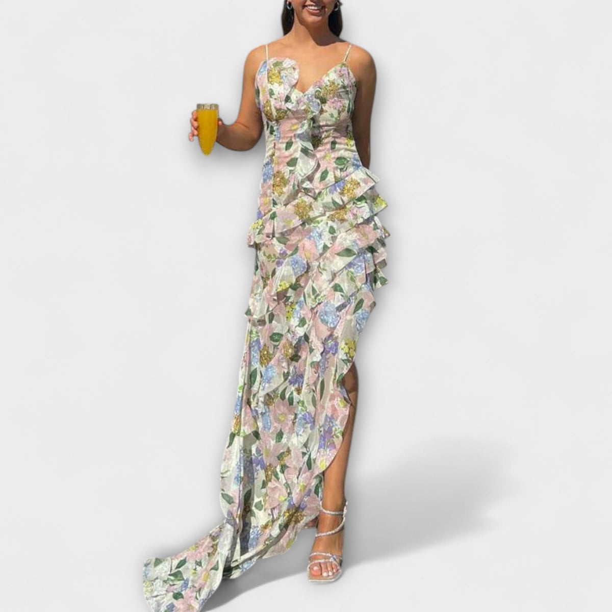 Chic Ruffled Dress with Strap Print for Any Occasion