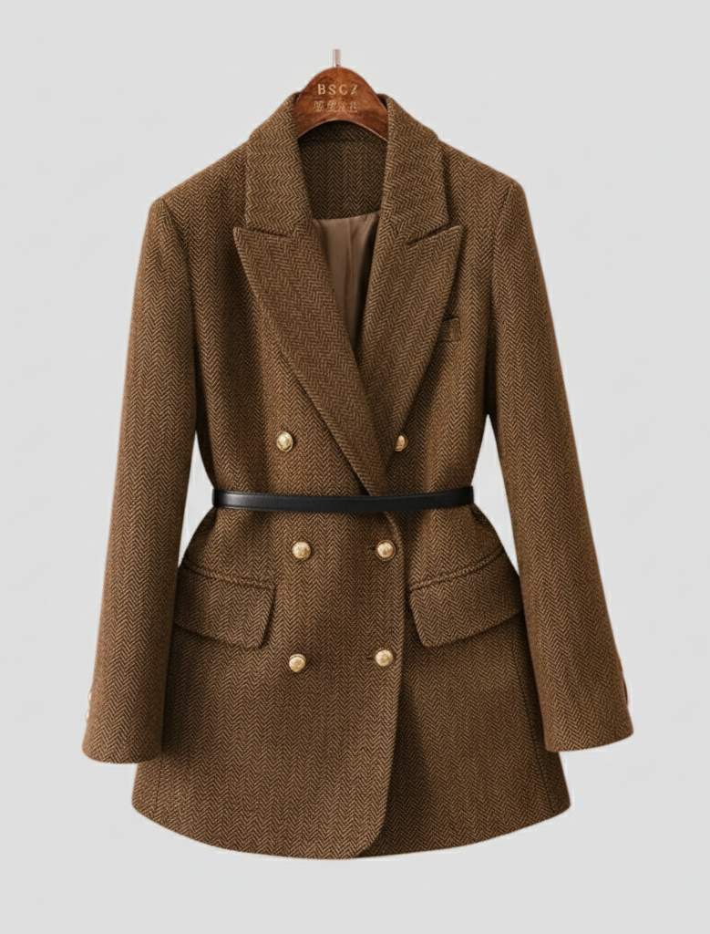 Chic Tweed Blazer Coat for Women - Double-Breasted with Belted Design