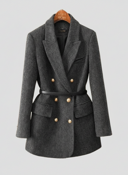 Chic Tweed Blazer Coat for Women - Double-Breasted with Belted Design