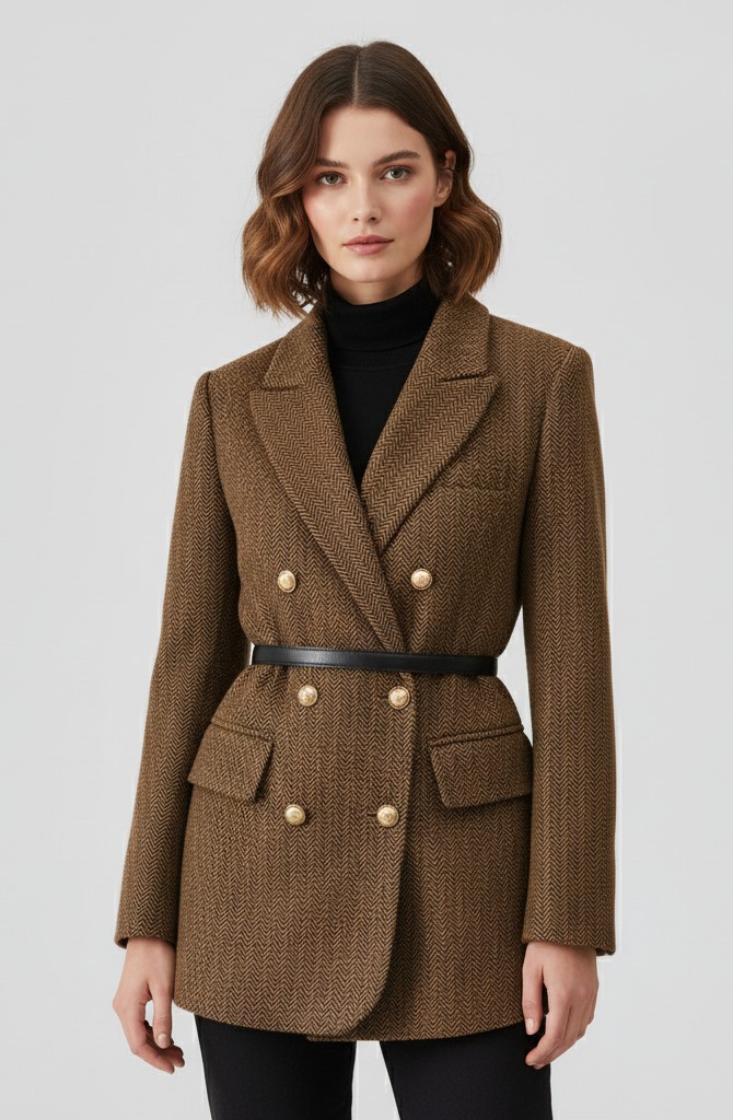 Chic Tweed Blazer Coat for Women - Double-Breasted with Belted Design