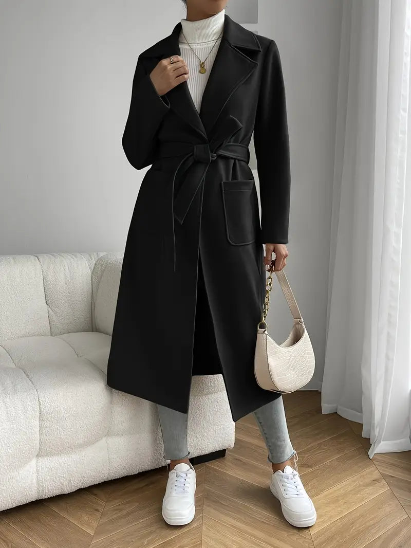 Chic Women’s Belted Overcoat – Stylish Lapel for Fall & Winter Wear