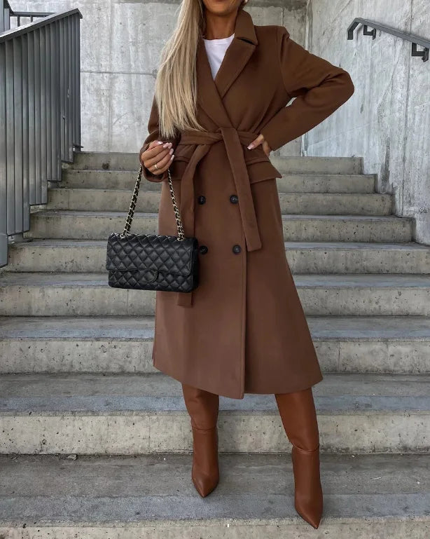 Chic Women’s Long Double-Breasted Winter Coat - Stylish Belted Overcoat