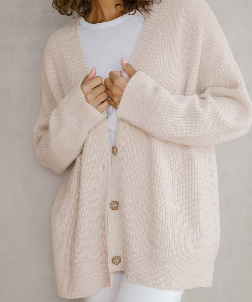 Cozy Oversized Knit Cardigan Sweater for Women - V-Neck Ribbed Design