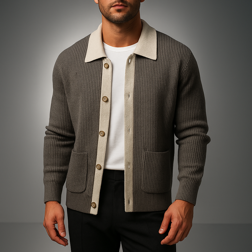 Men's Two-Tone Knit Cardigan Button Placket Winter Sweater 1