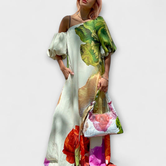 Floral Maxi Dress with Asymmetrical Neckline for Special Occasions