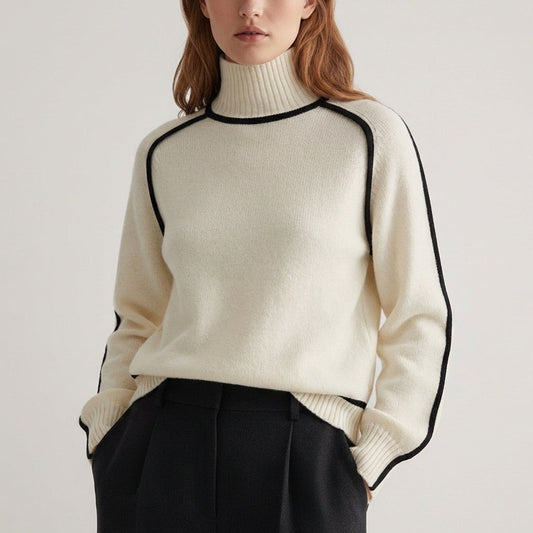 Women's Turtleneck Sweater Ribbed Collar Contrast Trim 1