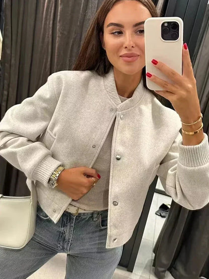 Women's Cropped Bomber Jacket Button-Front Relaxed Fit 3