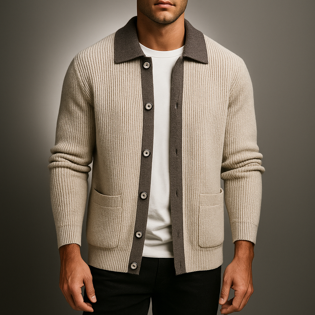 Men's Two-Tone Knit Cardigan Button Placket Winter Sweater 2