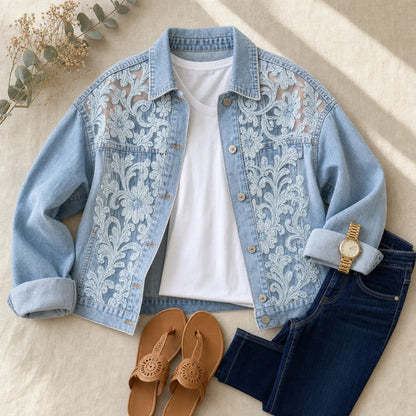 Women's Cropped Jacket | Floral Lace-Look Patchwork 7
