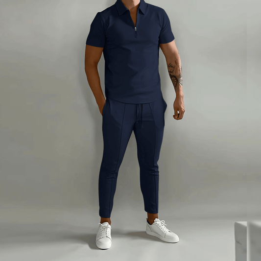 Men's 2 Piece Zip Neck Polo Set Matching Pants Outfit