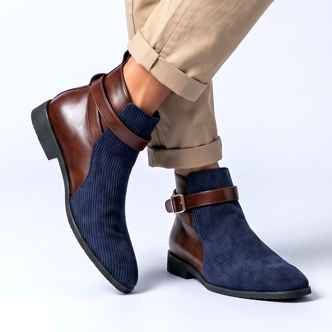 Men's Ankle Boots Ribbed Texture Smooth Trim with Adjustable Buckle