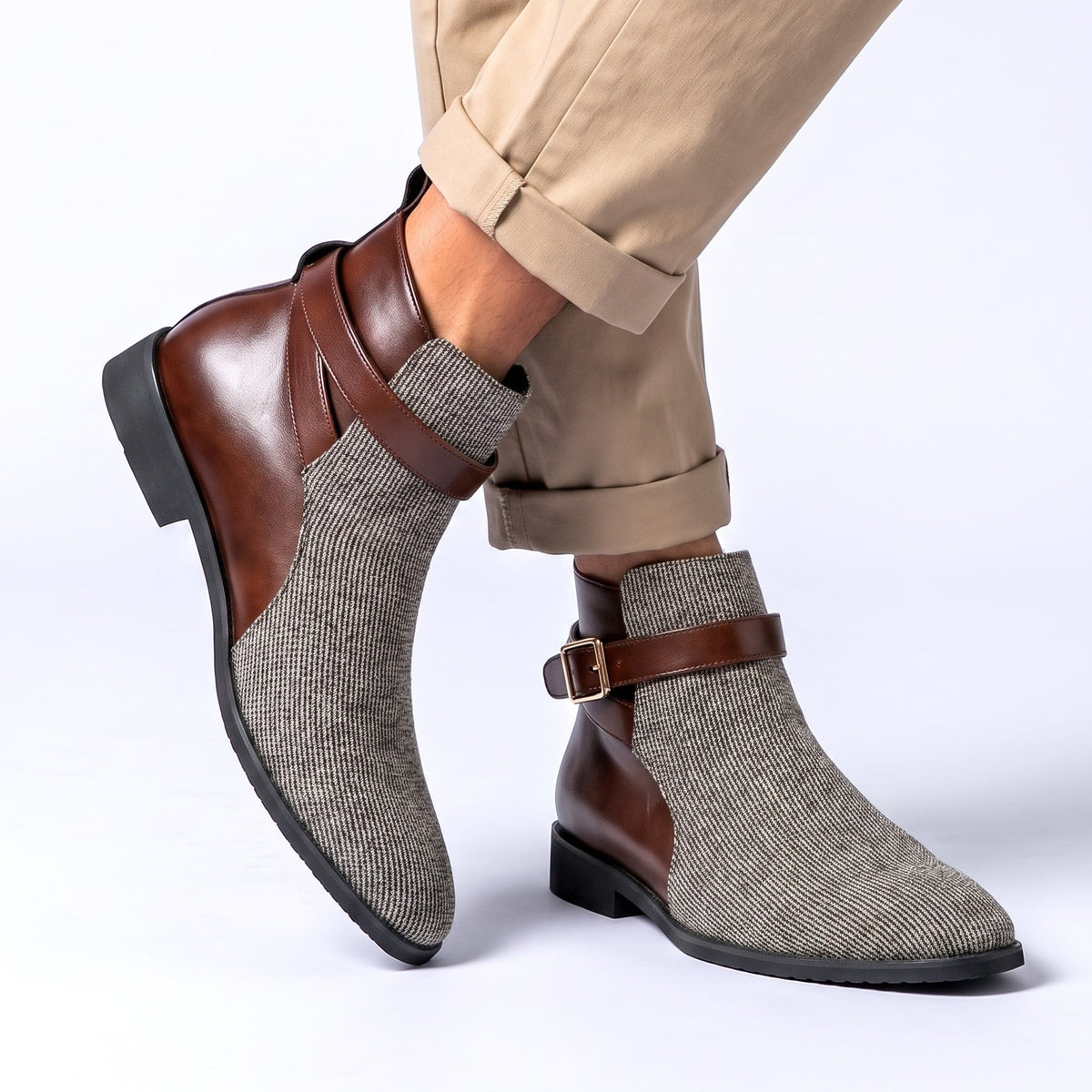 Men's Ankle Boots Ribbed Texture Smooth Trim with Adjustable Buckle