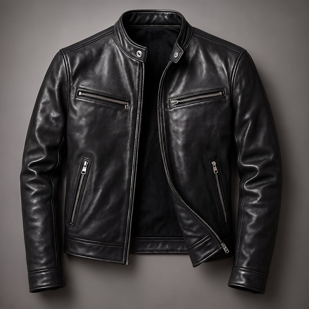 Men's Biker Jacket Zip Pockets Snap Collar Regular Fit