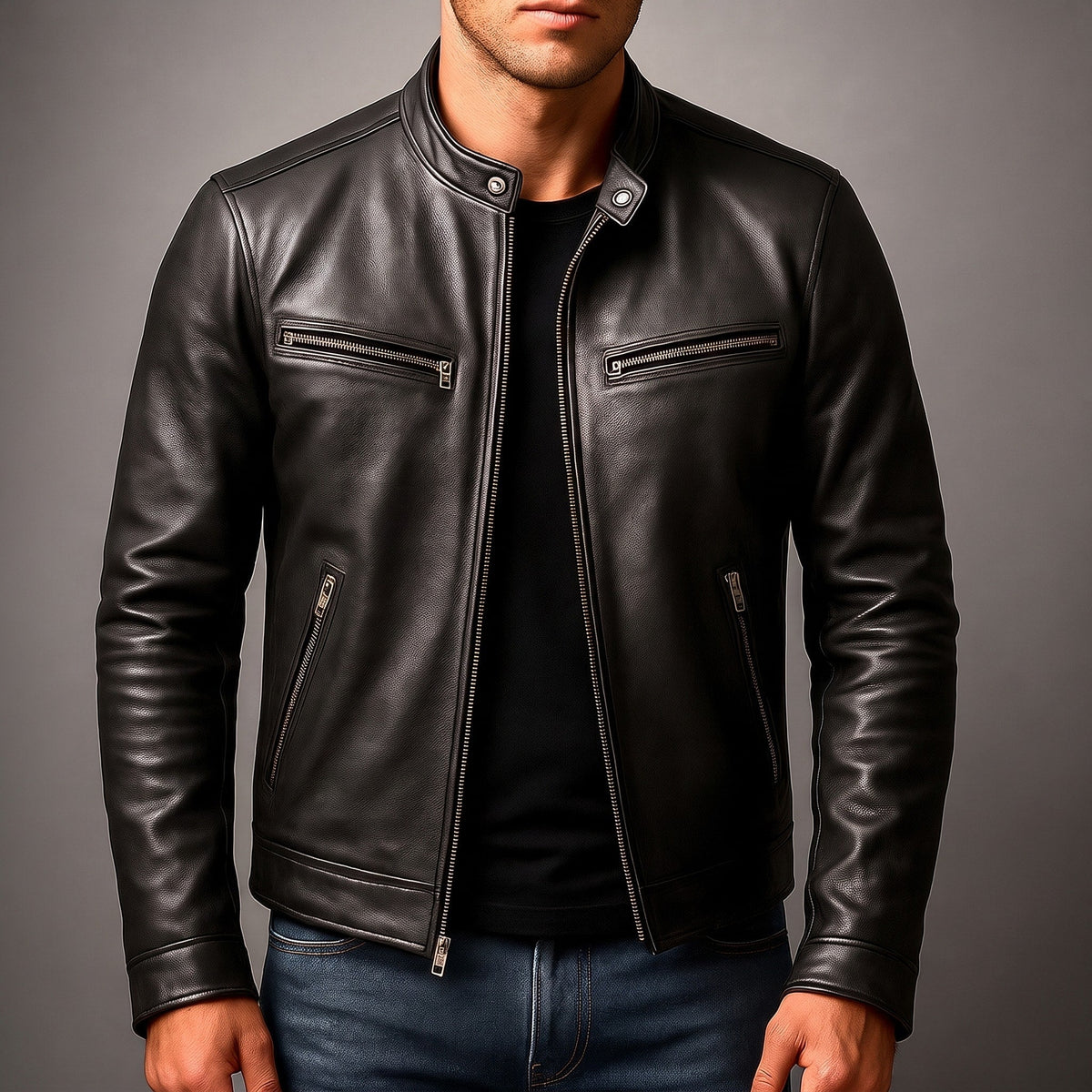 Men's Biker Jacket Zip Pockets Snap Collar Regular Fit
