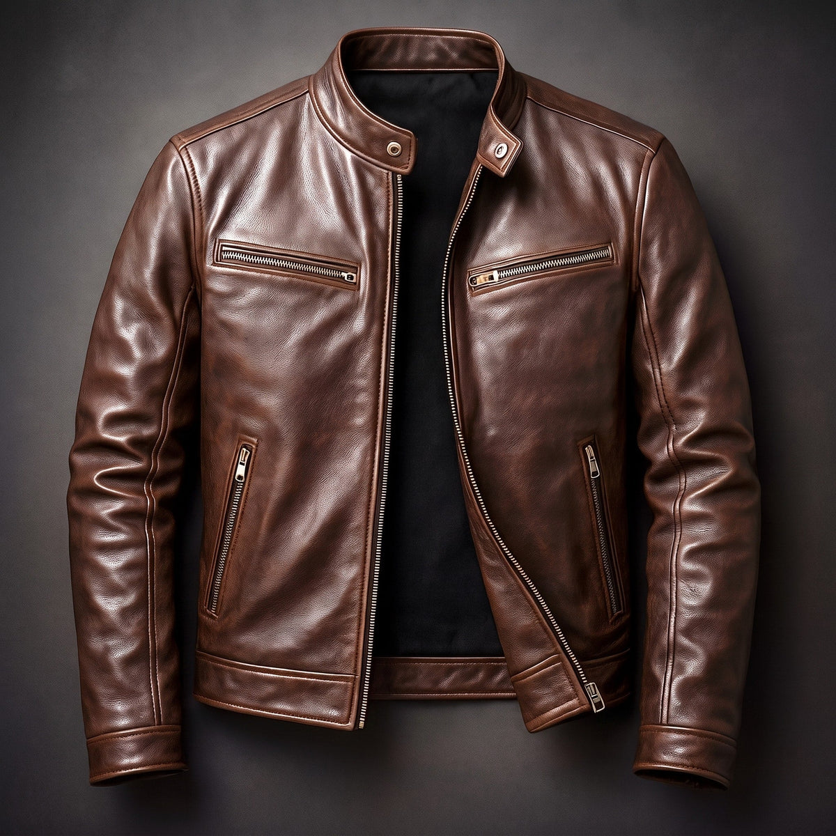 Men's Biker Jacket Zip Pockets Snap Collar Regular Fit