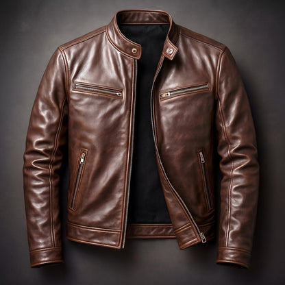 Men's Biker Jacket Zip Pockets Snap Collar Regular Fit