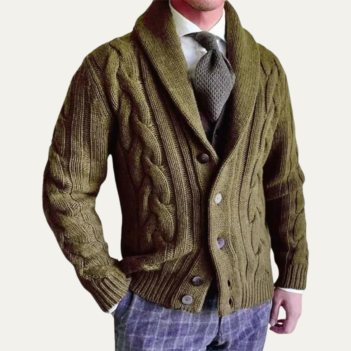 Men's Cable Knit Cardigan | Button Up Shawl Collar