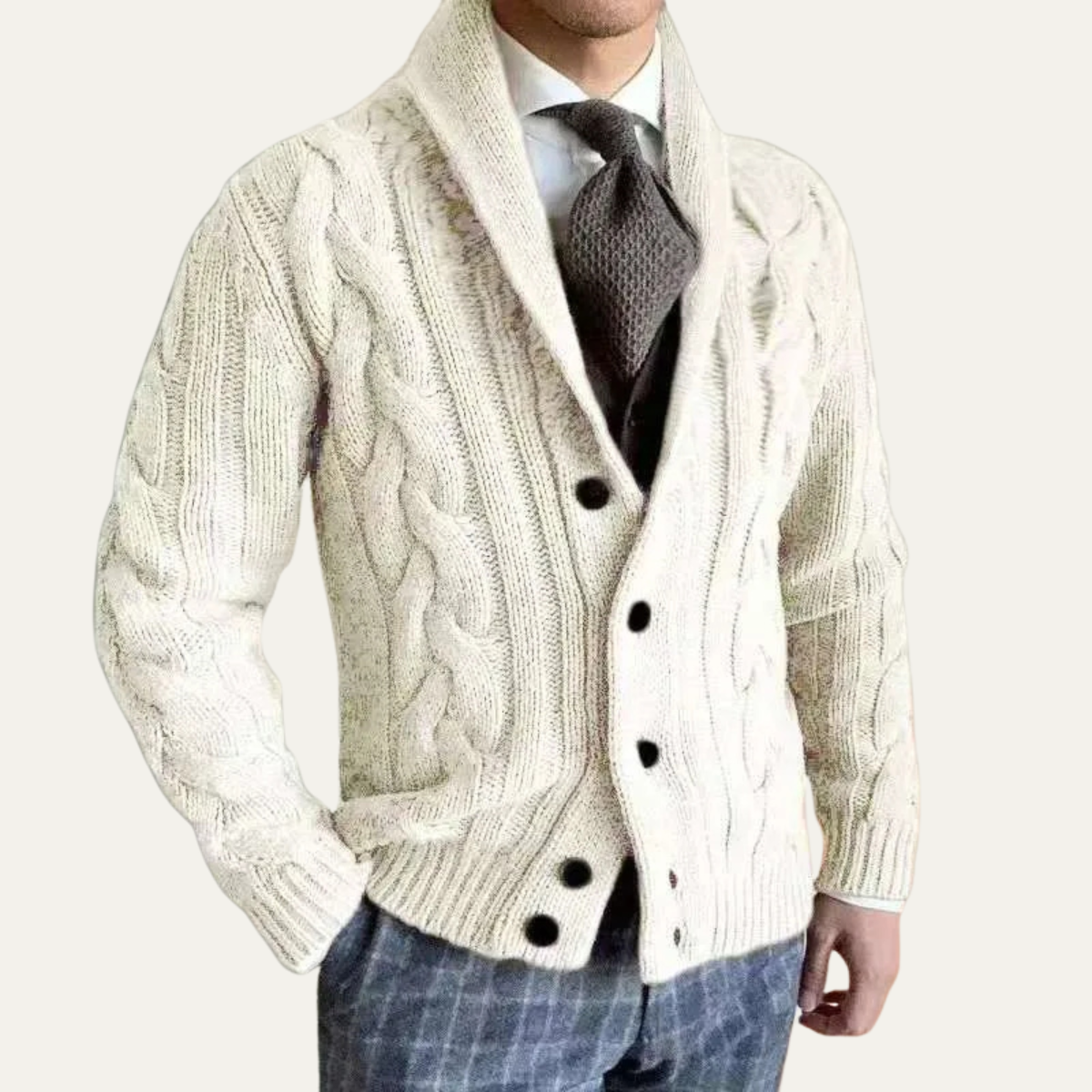 Men's Cable Knit Cardigan | Button Up Shawl Collar