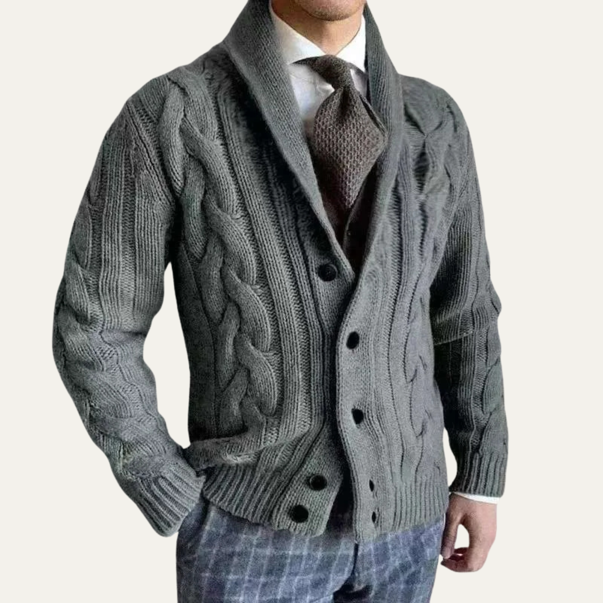 Men's Cable Knit Cardigan | Button Up Shawl Collar