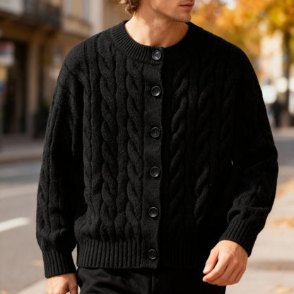 Men's Cardigan Classic Cable Knit Button Placket with Ribbed Cuffs