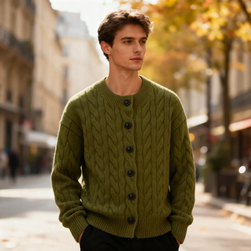 Men's Cardigan Classic Cable Knit Button Placket with Ribbed Cuffs