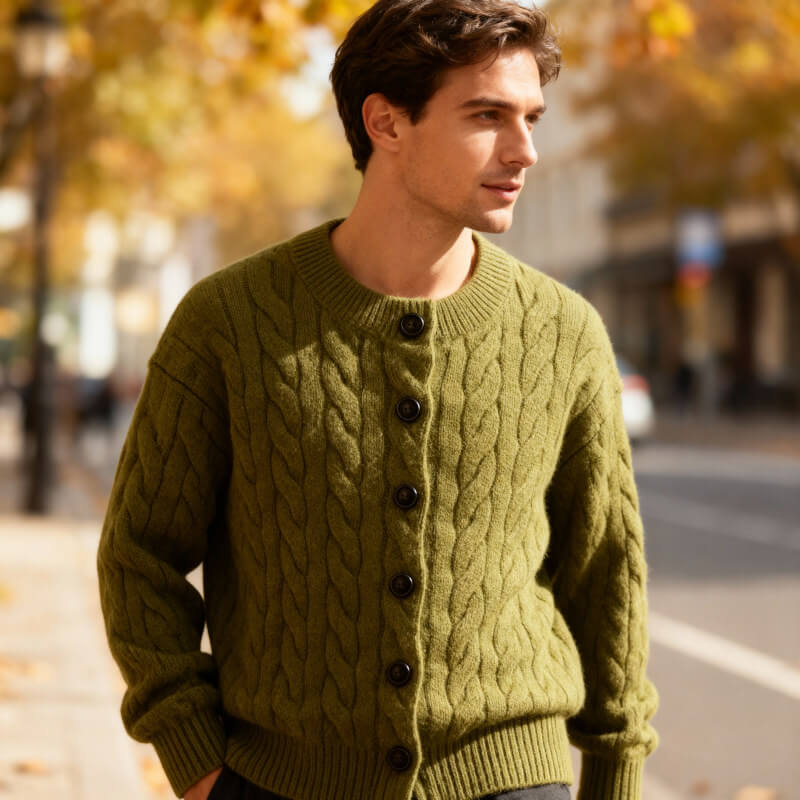 Men's Cardigan Classic Cable Knit Button Placket with Ribbed Cuffs