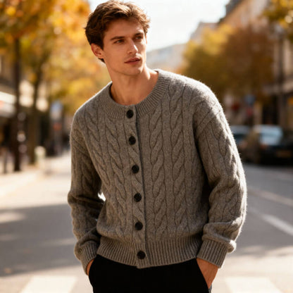 Men's Cardigan Classic Cable Knit Button Placket with Ribbed Cuffs
