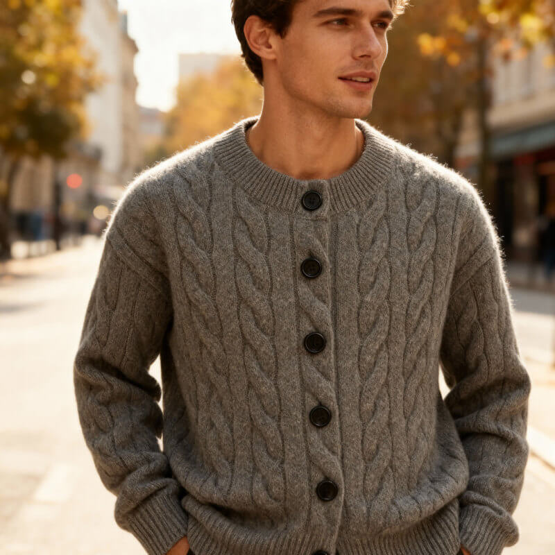 Men's Cardigan Classic Cable Knit Button Placket with Ribbed Cuffs