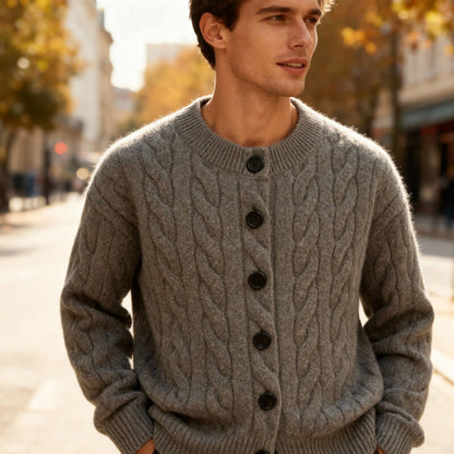 Men's Cardigan Classic Cable Knit Button Placket with Ribbed Cuffs