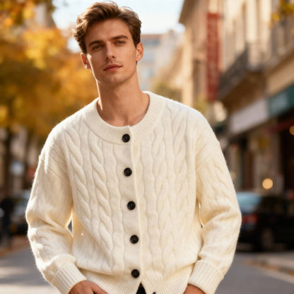 Men's Cardigan Classic Cable Knit Button Placket with Ribbed Cuffs