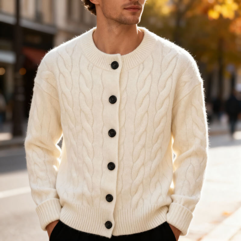 Men's Cardigan Classic Cable Knit Button Placket with Ribbed Cuffs