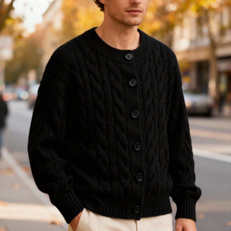 Men's Cardigan Classic Cable Knit Button Placket with Ribbed Cuffs