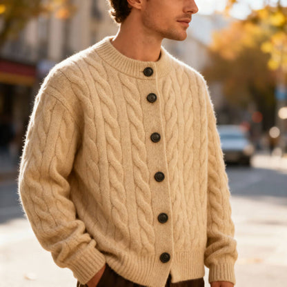 Men's Cardigan Classic Cable Knit Button Placket with Ribbed Cuffs