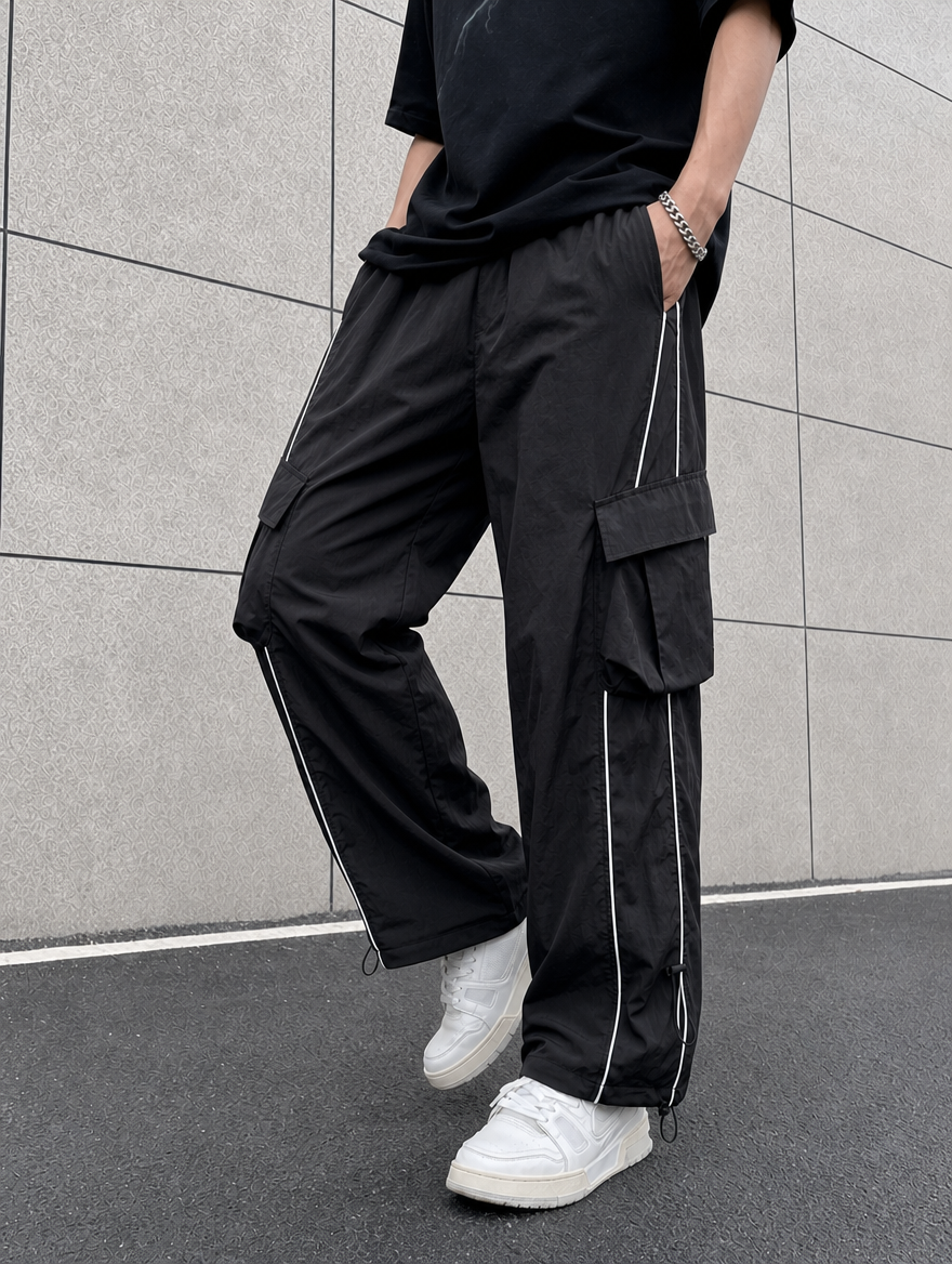 Men's Cargo Trousers Straight Leg Drawstring Hem with Contrast Piping