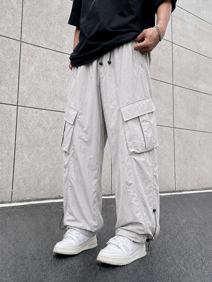 Men's Cargo Trousers Straight Leg Drawstring Hem with Contrast Piping