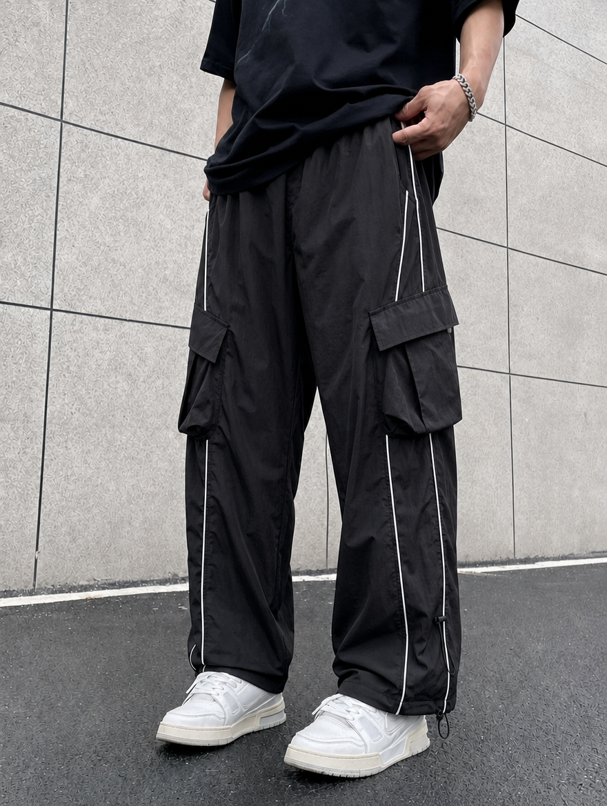 Men's Cargo Trousers Straight Leg Drawstring Hem with Contrast Piping