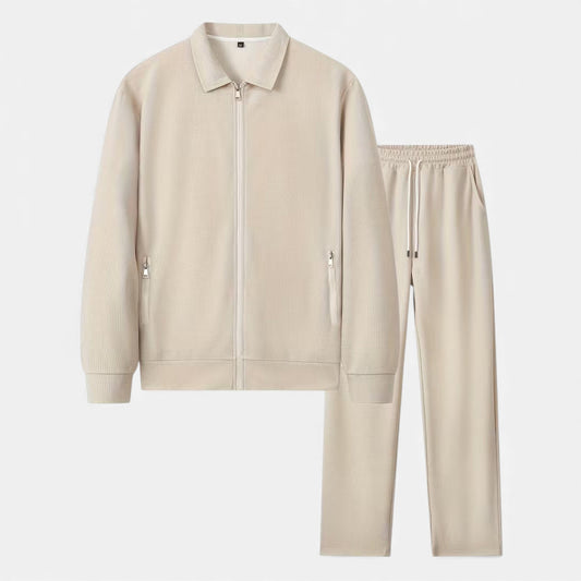 Men's Casual Two Piece Set Waffle Knit Zip Collar with Stretch Fit