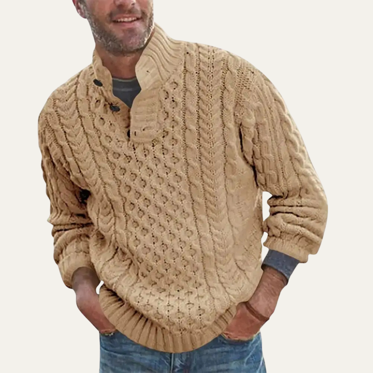 Men's Chunky Cable Knit Sweater | Button Neck Collar
