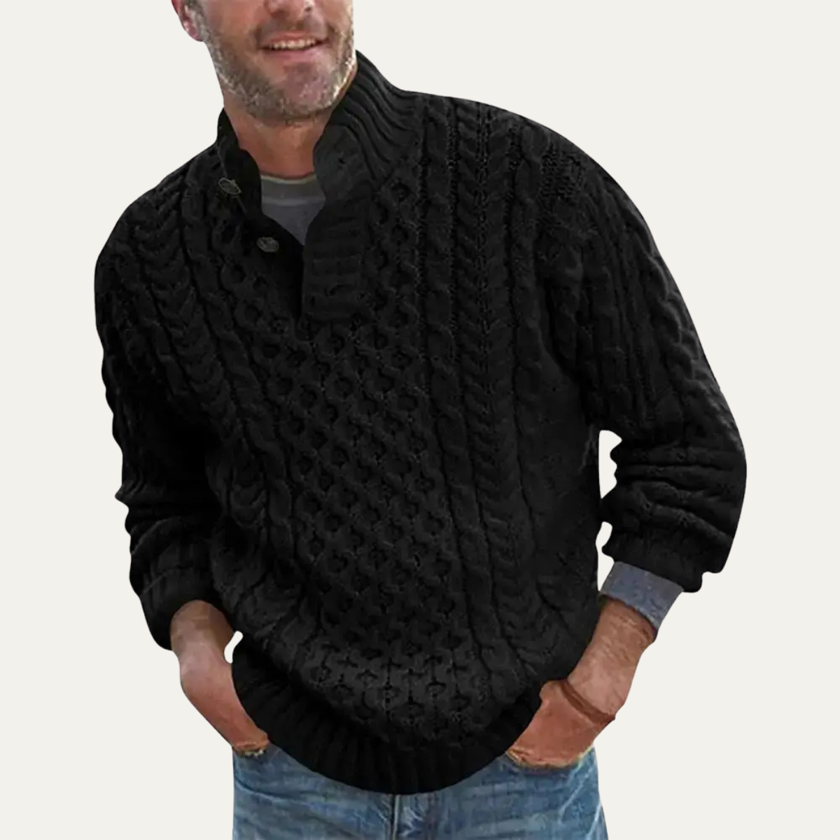 Men's Chunky Cable Knit Sweater | Button Neck Collar