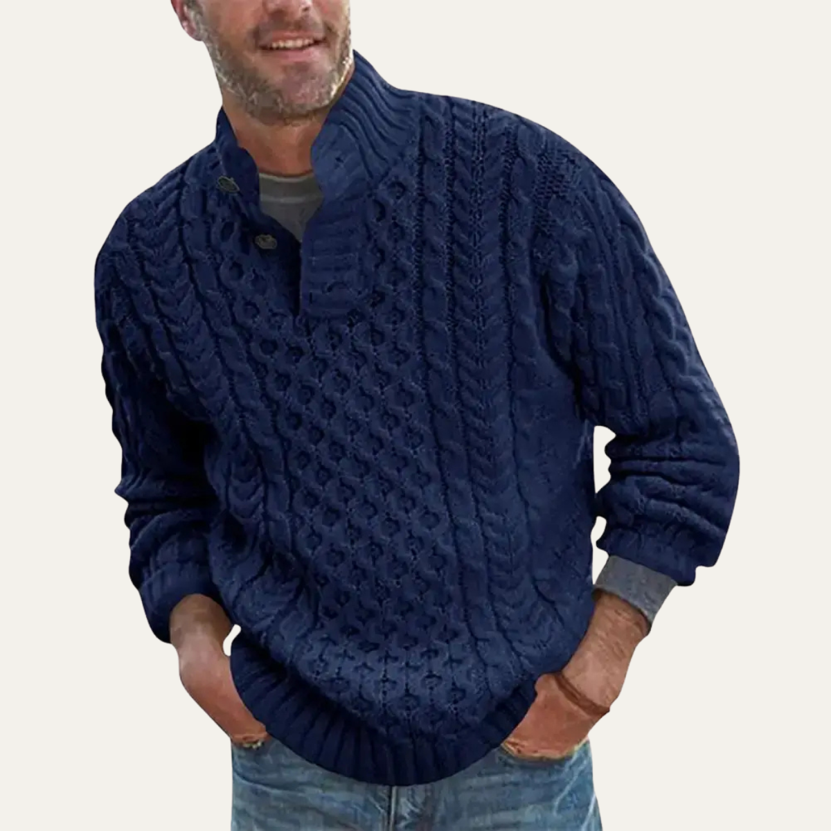 Men's Chunky Cable Knit Sweater | Button Neck Collar
