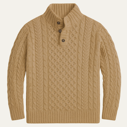 Men's Chunky Cable Knit Sweater | Button Neck Collar