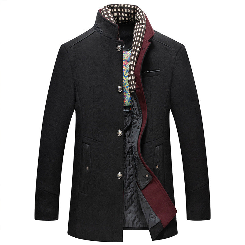 Men's Coat Stand Collar Tailored Fit Button Front with Contrast Lining