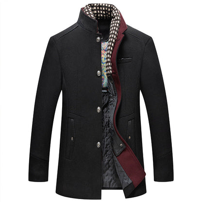 Men's Coat Stand Collar Tailored Fit Button Front with Contrast Lining