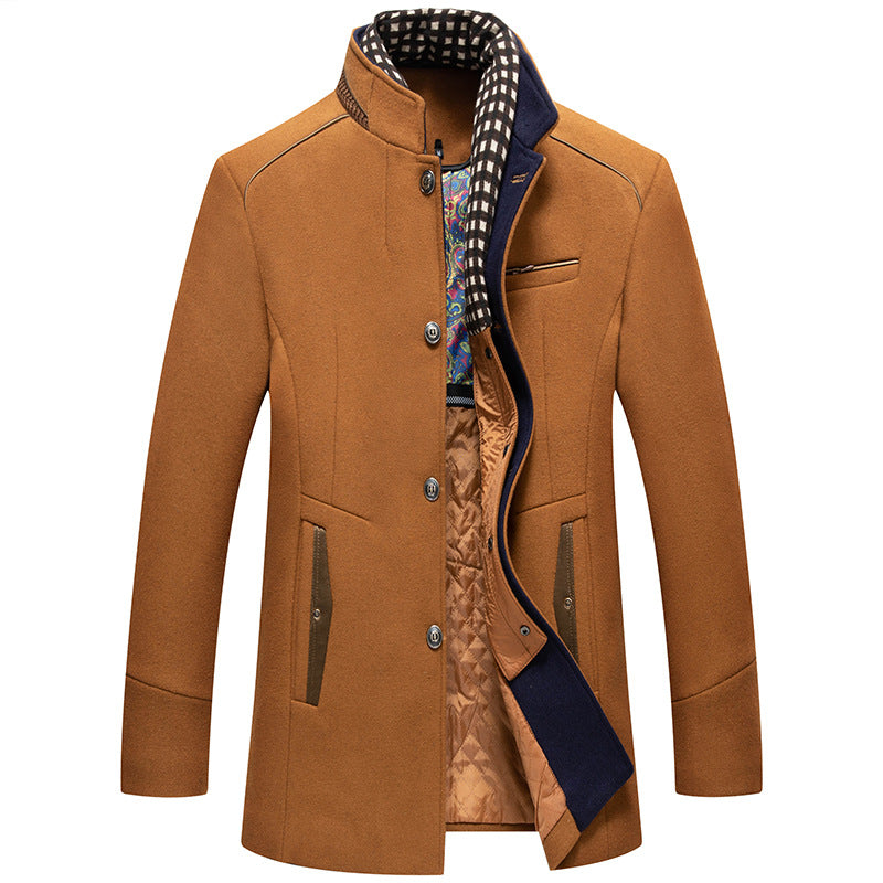 Men's Coat Stand Collar Tailored Fit Button Front with Contrast Lining