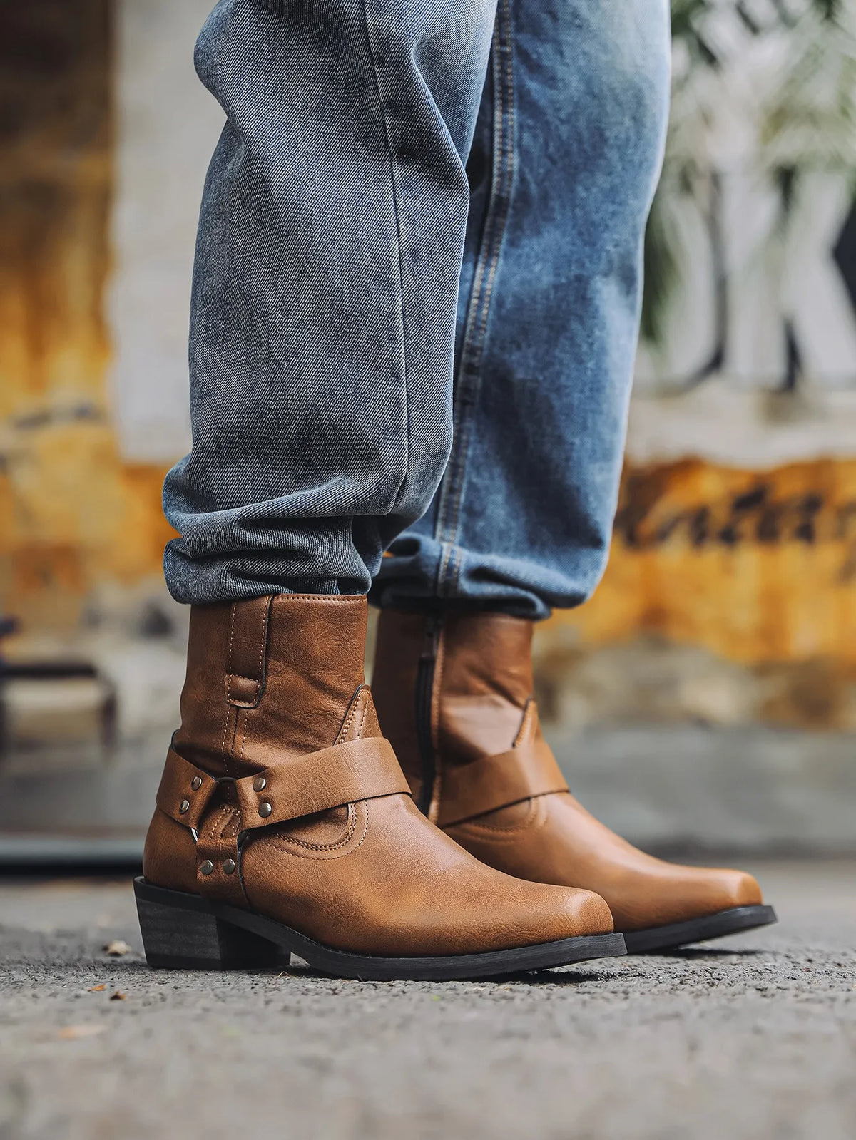 Men's Cowboy Boots Harness Strap Side Zip Square Toe
