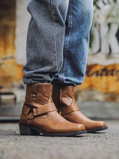 Men's Cowboy Boots Harness Strap Side Zip Square Toe