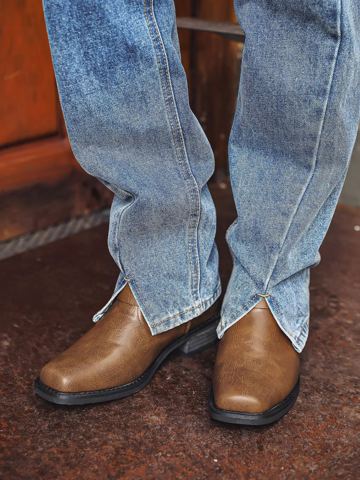 Men's Cowboy Boots Harness Strap Side Zip Square Toe